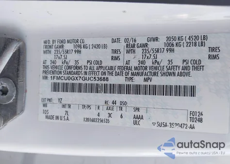 2016 Ford Escape Se z USA, uszkodzony, nr VIN 1FMCU0GX7GUC53688